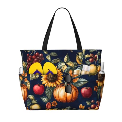 Sunflower Pumpkin Apple Beach Bag for Women Waterproof Large Beach Tote Bags Ladies Swim Pool Bag with Zipper
