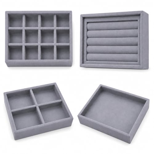 Image of La Trove Set of 4 Stackable Jewelry Organizer Trays for Drawer, Cream Grey | Stackable set of 4 velvet trays for rings, earrings, necklaces, jhumkas and bangles, ideal for drawer jewelry storage