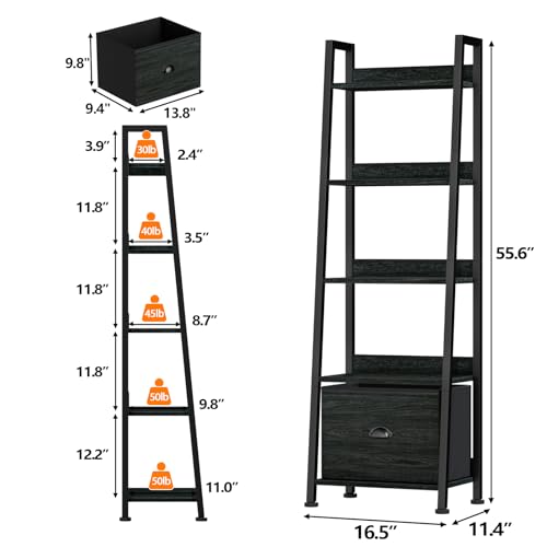 Furologee-Ladder-Shelf-5-Tier-Bookshelf-with-Fabric-Drawer-Black-Oak-556-Industrial-Tall-Narrow-Shelf-Display-Shelving-Units-Wood-Metal-Storage-Rack-for-Living-room-Bedroom-Office