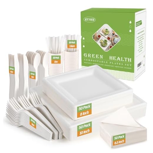 KTCNMER Compostable Disposable Paper Plates Set -[400 Pcs] Biodegradable Heavy Duty 10 inch Square Plates,8 inch Dessert Plates, Utensils, Cups and Napkins - Eco Friendly Dinnerware Set for Party