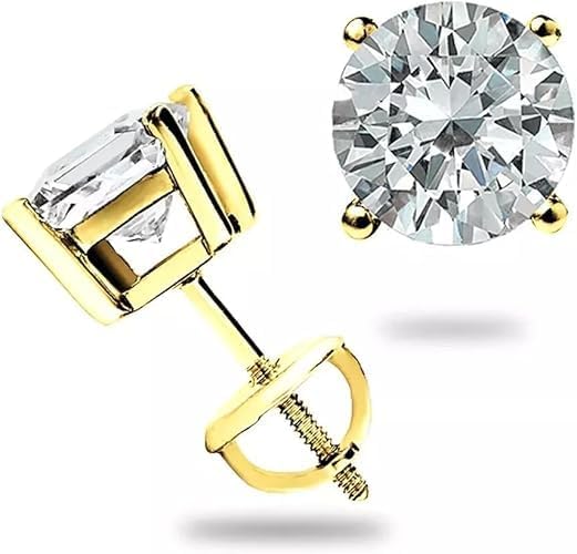 1 Ct Lab Grown Diamond Stud Earrings | 14K Yellow Gold Round Cut Solitaire Screw Back Earrings | Sparkle Jewelry For Women