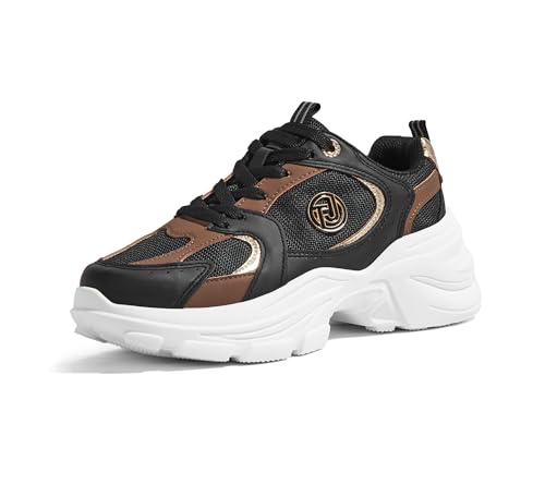 TIMEJOY Women's Chunky Platform Sneakers Retro Dad Shoes with Recyclable Material Insole Anti-Slip Rubber Sole & Lightweight Cushion for Casual, Streetwear & Daily Outfits(9 US, Black/Brown)