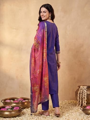 Image of INDO ERA Women's Straight Silk Blend Ethnic Motifs Printed Kurta & Pant With Dupatta Set (IESTR10385)