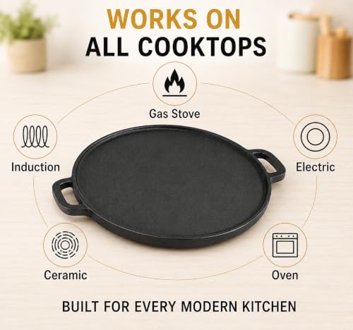 Image of GRIVAN Cast Iron 2-in-1 Dosa Tawa & Grill Pan 12 inch (30 cm) | Double-Sided Reversible Tawa for Dosa, Roti | Naturally Non-Stick Cast Iron Cookware | Gas Stove & Induction Compatible (Black)