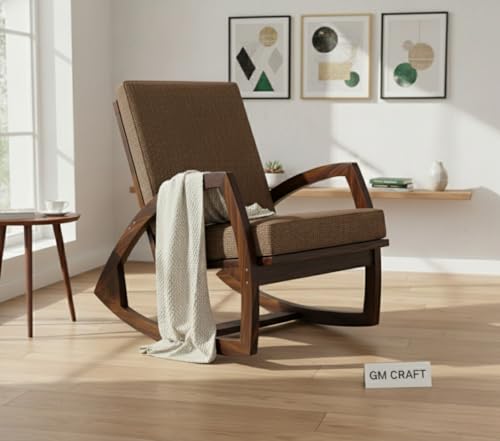Image of Solid Sheesham Wood Rocking Chair for Living Room - Upholstered Relaxing Chair - Wooden Rocking Chair for Adults for Home Outdoor Indoor (Walnut, Zayn)