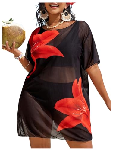 Women's Plus Size Floral Cover Up Dress Crew Neck Short Sleeve Sheer Beach Coverup Dress