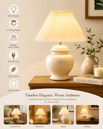 Image of Homesake White Ceramic Table Lamp for Bedroom Living Room,Incandescent,Modern Bedside Lamps Light,Nightstand for Home Office,Minimalist Nordic Style Accent Lighting Decor, (Off-White Pleated Shade)