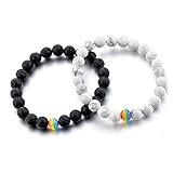 LGBT Relationship Bracelet | 2 Pieces | White Howlite, Black Lava Rock, Rainbow Resin | Oil Diffuser Beads | Gay Couples Strong Cord | Handmade | Love is Colorful