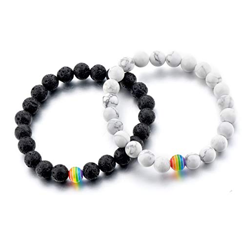 LGBT Relationship Bracelet | 2 Pieces | White Howlite, Black Matte Agate, Rainbow Resin | Oil Diffuser Beads | Gay Couples Strong Cord | Handmade | Love is Colorful