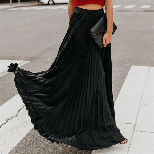 crazynekos Women's High Elastic Waist Pleated Flowy Swing A-line Maxi Skirts2