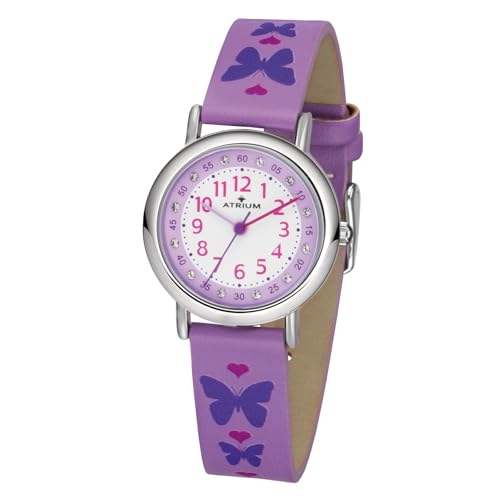 Montre Atrium - Enfants - Filles - Violet/Lilas - Pierres en Cristal - Analogique - 3 Bars étanches - Motif Papillons et Coeurs Violet, Lilas - Cadran...