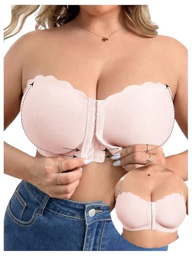 Image of MakeMeChic Women's Plus Size Strapless Bras Front Closure Half Push Up Bra Bandeau Wireless Bralette for Large Bust