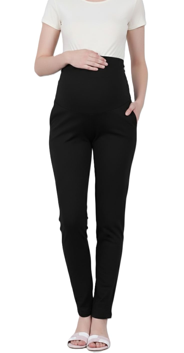 Maternity Pants for Women | High Waist Stretchable Pregnancy Leggings | Soft Comfortable Belly Support Pants | Slim Fit Black Maternity Wear-image-0