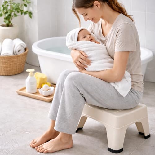 Image of PulGos Pack of 1 Beige Plastic Mini Sitting Stool for Home & Outdoor Use | Compact, Lightweight & Durable Stool for Adults & Kids | Use as Footrest, Side Table, Extra Seating for Living Room