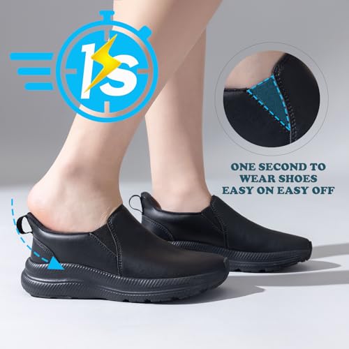 Image of ZOVE Wide Toe Box Shoes Women Wide Width Waterproof Leather Hands Free Nursing Sneakers Ultra Light Extra Wide Walking Sneakers Non-Slip Chef Diabetes Nurse Work Shoes 8816 Full Black 41