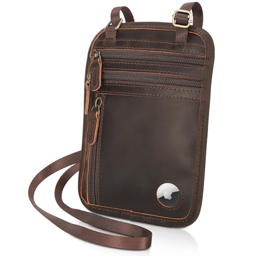 Polare Full Grain Leather Neck Wallet RFID Blocking Conceal Passport Holder Travel Pouch with AirTag Slot for Men