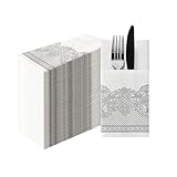 PAW - Linen Feel Napkins with Built-in Flatware Pocket, Soft and Absorbent Paper Pre-Folded Napkins with Silver Lace, Elegant Guest Towels, Wedding Party, Dinner, Birthday, Gatherings, 50 Count