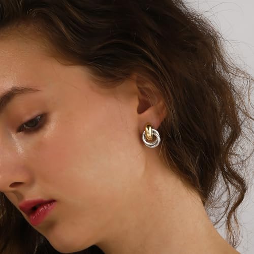 NIXMAX Elegant Two-Tone Gold and Silver Knot Earrings - Lightweight Dangle Door Knocker Jewelry for Everyday Chic Style - Image 4
