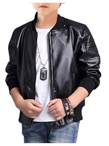 Boy's Fax PU Leather Bomber Jacket Zip Up Long Sleeve Biker Outerwear Motorcycle Coat Streetwear