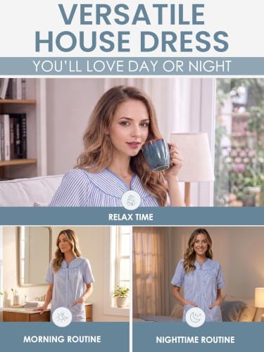 Image of Casual Nights Women's Snap - Front House Dress Short Sleeve Woven Housecoat Duster Lounger Robe with Pockets