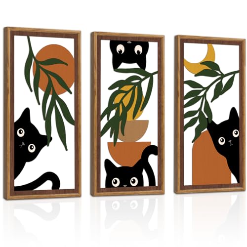 KAIRNE Boho Black Cat Wall Art,Green Leaves Wood Wall Decor Set of 3(16”X8”),Farmhouse Geometric Wooden Cat Wall Decor,Mid-Century Bohemian Moon Sun Design for Friends Family Bedroom Living Room Decor