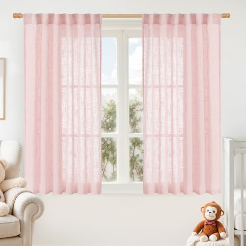 LAMIT Pink Linen Curtains 54 Inch Length 2 Panels, Light Filtering Panels Back Tab and Rod Pocket Neutral Drapes for Kids Room/Window/Bedroom, 52 x 54 Inch