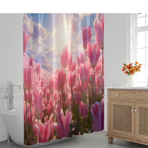 Rideau de douche imperméable en polyester rose aux tulipes 183x183 - 7