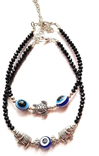 Combo Metal Silver Elephant & Turtle Blue Evil eye Glossy Black beads Chain Anklet |For Women |Girls | Nazariya |Nazarbattu| Pack of 2 | Payal lucky Charms-image-1
