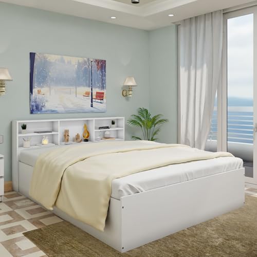 Image of VIKI Utility King Size Bed with Storage (70x80) | Engineered Wood Bed Frame for Bedroom | Modern Box Storage Cot | Frosty White Finish | Free Assembly | 1 Year Warranty