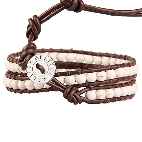 Image of KELITCH Natural Agate Onyx 2 Wrap Bracelets Handmade Leather Strand Bracelets Fashion Jewelry