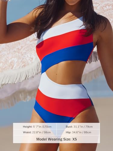 Image of CUPSHE Women One Piece Swimsuit One Shoulder Bathing Suit Cutout Monokini | Removable Soft Cups, Color Block, Classic Bum Coverage, Swim Suit For Beach Vacation Cruise Pool Party
