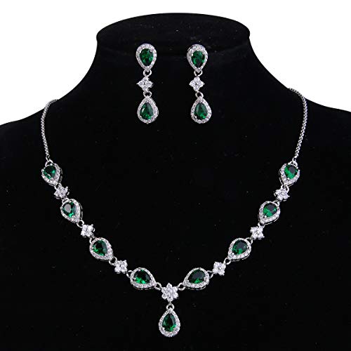 Elequeen 16001538-4 Women'S Silver-Tone Cubic Zirconia Teardrop Flower Bridal V-Necklace Sets Tennis Bracelet Dangle Earrings Emerald Color thumb #4