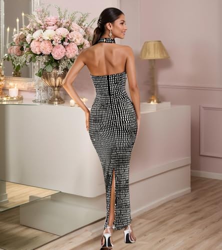 Image of Jigfar Women Sexy Elegant Rhinestone Halter Party Night Bodycon Formal Maxi Dress(FK3521,Black,XL)