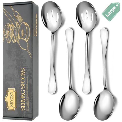 Keyoxy 4 Piece Stainless Steel Serving Spoons Set, 10-Inch, Includes 2 Large, 2 Slotted, for...