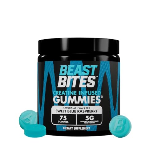 BEAST BITES Creatine Infused Gummies - 5g Creatine Monohydrate Per Serving - NSF Certified for Sport Clean Label Project Certified (75 Gummies Sweet Blue Raspberry)