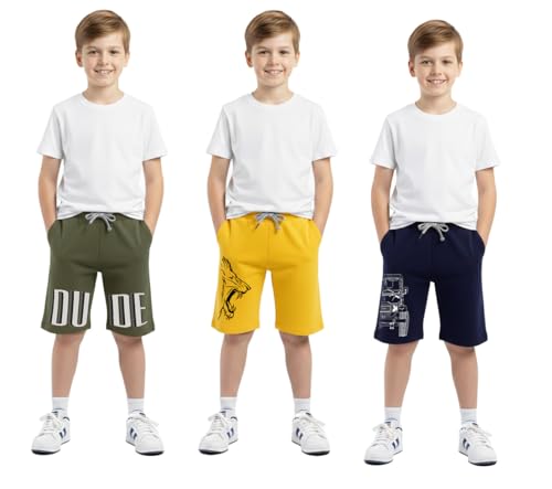 Image of hotfits Boy's Cotton Knee Length Graphic Casual Shorts with Pocket -Pack of 3