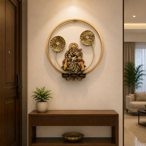 Image of STREET CRAFT - Metal Ganesha Wall Hanging with Diya Stand Golden Ring Frame Spiritual Decorative Item for Home Temple Living Room Festive Use (Size 15x15 Inch)
