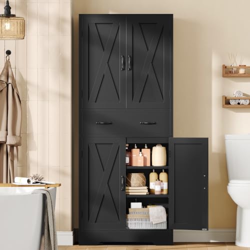 Image of TEENFON Tall Storage Cabinet with 2 Adjustable Shelves & 1 Large Drawer, Kitchen Pantry Cabinet with 4 Doors, Bathroom Storage Cabinets, for Living Room, Kitchen, Bathroom, Black