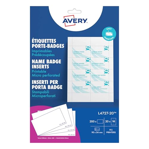 AVERY - Pochette de 200 inserts imprimables pour badges. En carte blanche 190g/m². Format 90 x 54 mm. Impression laser / jet d'encre. (L4727-20)