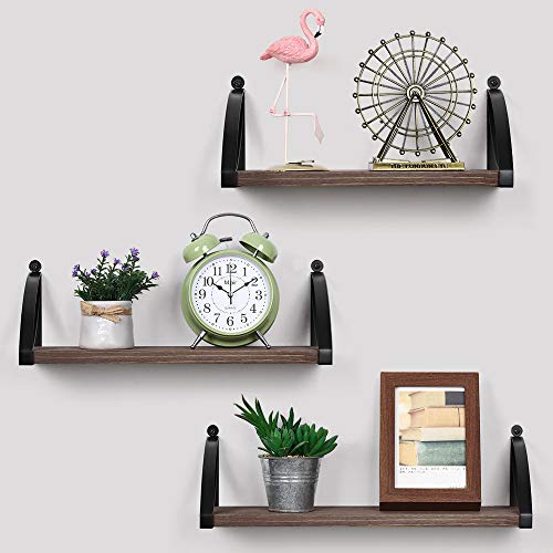 Shinoske Floating Shelf, Natural Wood Floating Shelves 3-Piece Set, Decorative Storage Shelves With Metal Brackets, Suitable For Living Room, Bathroom, Kitchen, Study(Brown) #TOP1
