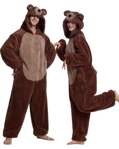 ANMIBOBU Unisex Adult Onesie Pajamas Animal Cosplay Halloween Costume One Piece Plush Sleepwear Homewear Brown Bear-S