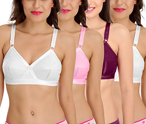 Image of SONA Women's Cotton Non-Padded Non-Wired Full Coverage Bra (White-Pink-Wine-White 40D) Pack of 4
