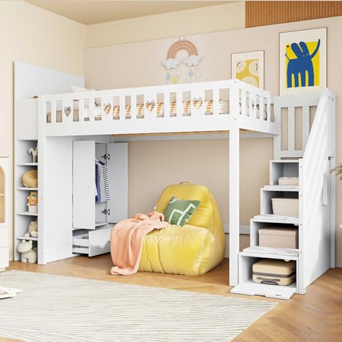 YEHTOKHOME Lit Mezzanine 90x200cm avec armoires de Rangement, Simple lit en Bois avec échelle de Rangement et étagères, Multifonctionnel lit avec tiroirs et...