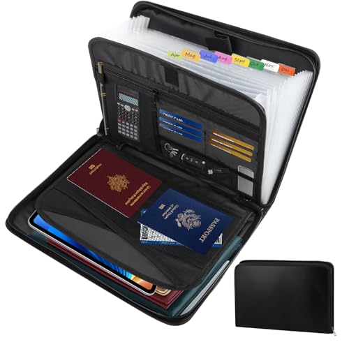 Dokumentenmappe a4, Feuerfeste Dokumententasche mit 13 Fächern und mehreren Fächern, Fächermappe a4 für Akten/Rechnungen/Quittung, Dokumenten Organizer