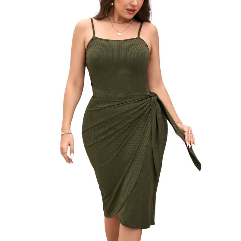 mippo Women's Sleeveless Summer Dress Pullover Fit Pleated Waist Wrinkled Texture Comfortable Sling Skirt | Army Green - 2XL-picture-18