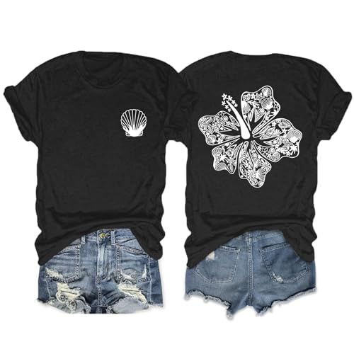 Image of Hawaiian T Shirts for Women Oversized Aesthetic Hibiscus Flower Beach Shirt Teens Preppy Tropical Graphic Tee Tops
