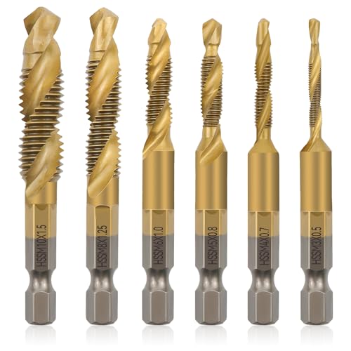 MISIQIMA 6pcs Taraud, Hss Foret Taraudeur M3 M4 M5 M6 M8 M10, Tige Hexagonale Métrique 1/4 Pouce Kit Taraudage Ensemble, Taraud M6 Ensemble, Adapté au Bois, Métal, Plastique