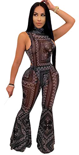 Women's Sexy 2 PCS Printed Bodysuit Overall Shirts Bodycon Wide Leg Pants Cocktail Party Outfits Tracksuit Set Black