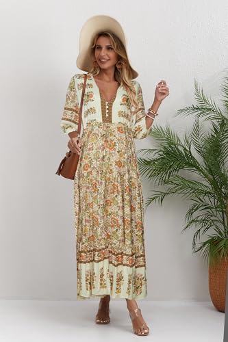 Image of Women Short Sleeve V Neck Floral Print Casual Bohemian Maxi Dresses