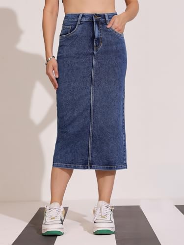Image of Dolce Crudo Women's Flared High-Rise Stretchable Denim Maxi Skirt
